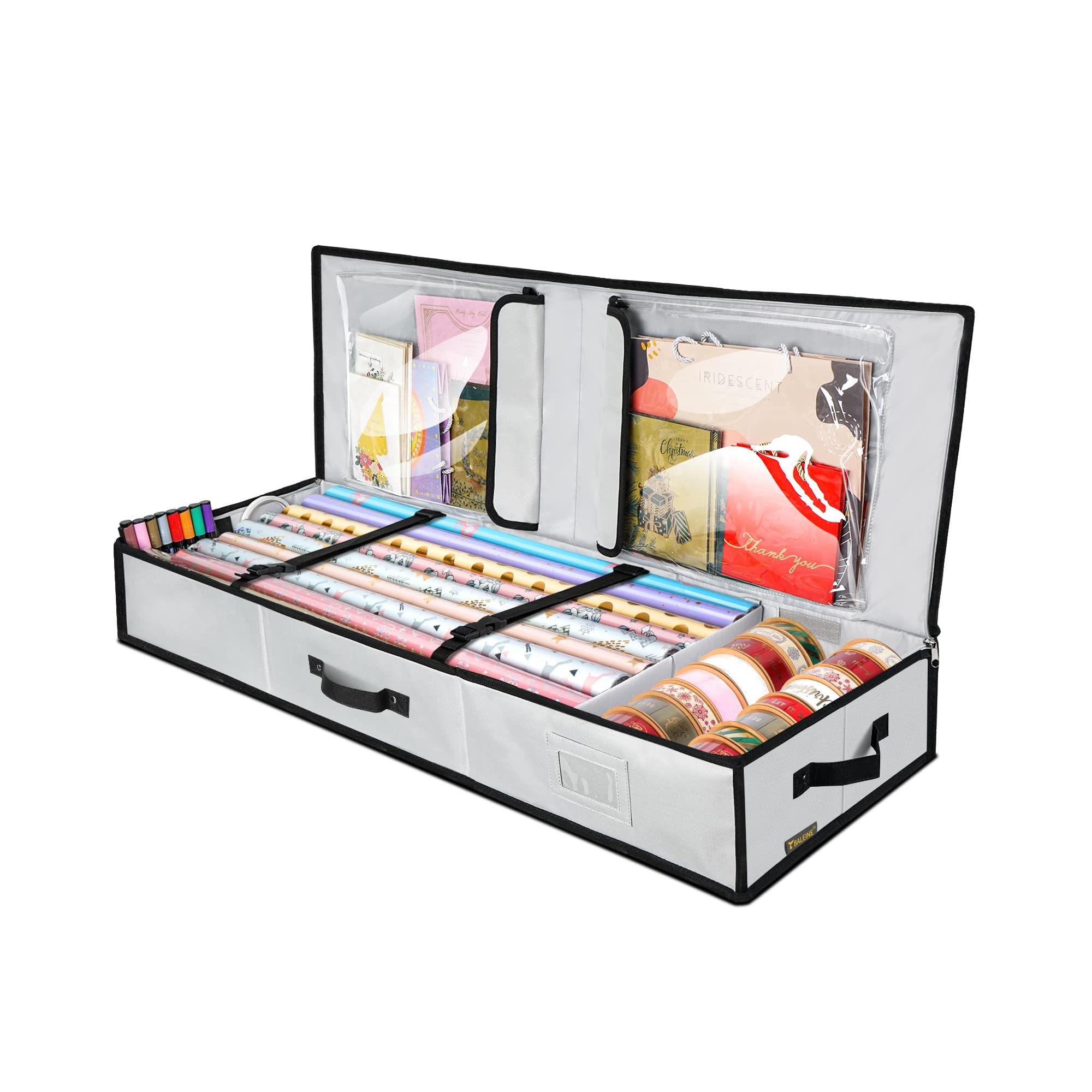 HOMLUX 40" Christmas Wrapping Paper Storage Bag with Flexible Partitions & Pockets,Gray