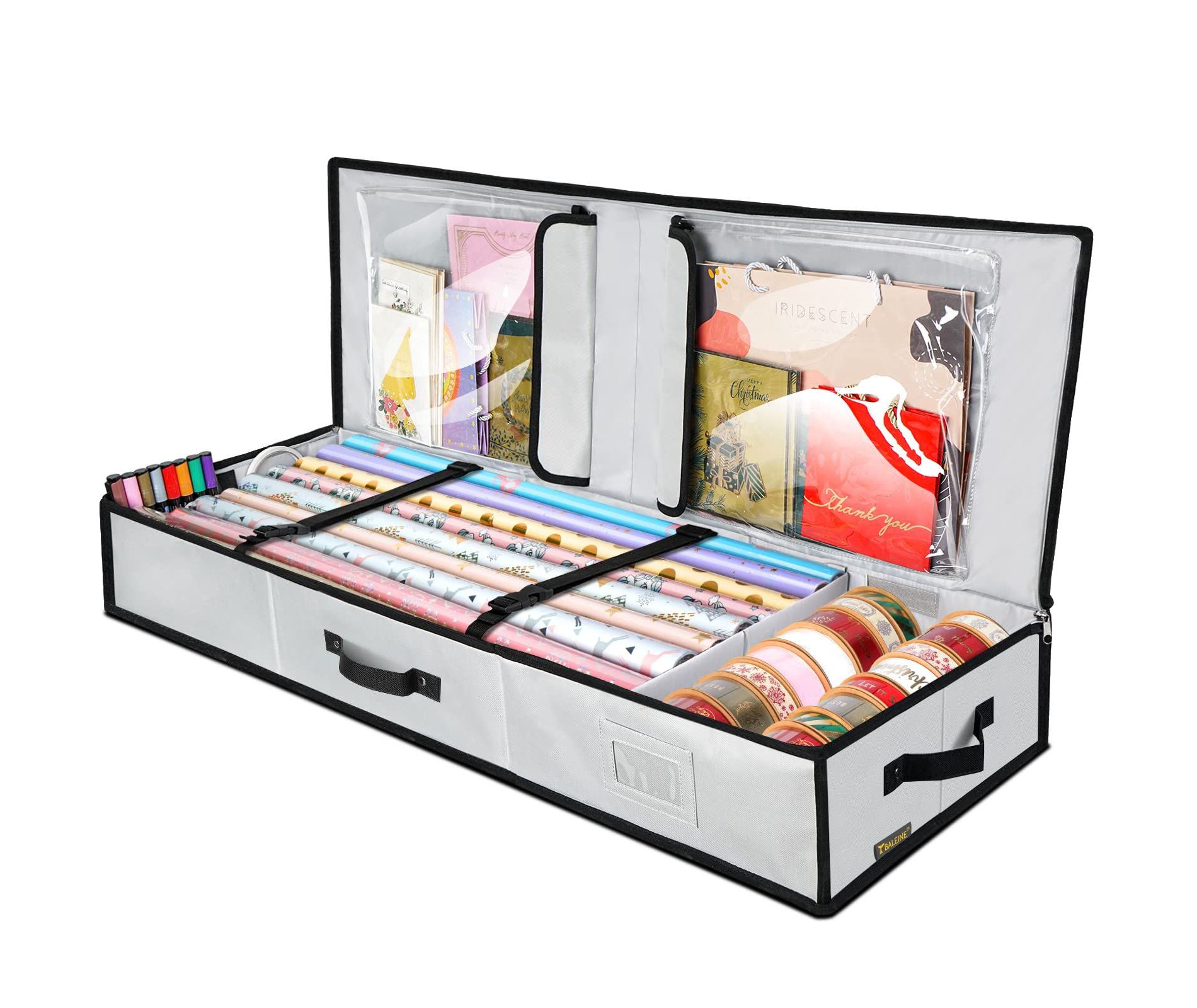 HOMLUX 40" Christmas Wrapping Paper Storage Bag with Flexible Partitions & Pockets,Gray