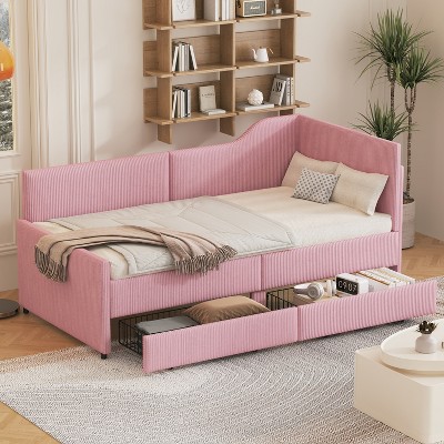 Twin Size L-Shaped Daybed, Corduroy Upholstered Bed Frame with 2 Storage Drawers - ModernLuxe
