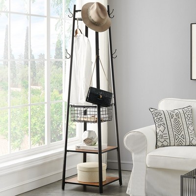 VECELO Freestanding Industrial Coat Rack with Metal Basket, 2 Shelves & 8 Dual Hooks – Entryway Hall Tree for Hats, Bags, and Scarves