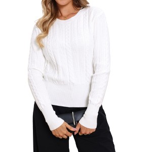 INSPIRE CHIC Women's Cinched Waist Cropped Crew Neck Long Sleeve Cable Knit Sweater - 1 of 4