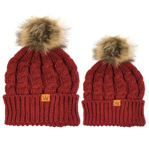 Wrapables Cable Knit Faux Fur Pom Pom Beanie, Mommy & Me Set Burgundy - 1 of 4