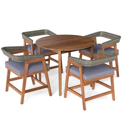 Dsvimoy Patio Accent Table Set 5 Piece Dining Set with Cushions and PE Rattan Backrest for Garden, Gray, 36"*28"*28"