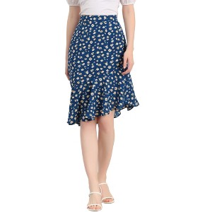 Allegra K Women's Print Elegant High Waist Mermaid Asymmetrical Ruffle Summer Skirt - 1 of 4
