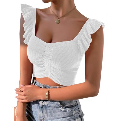 Womens Knit Tube Tops Cap Sleeve Sweet Heart Neckline Sweater Tops Ribbed Sweater Tops