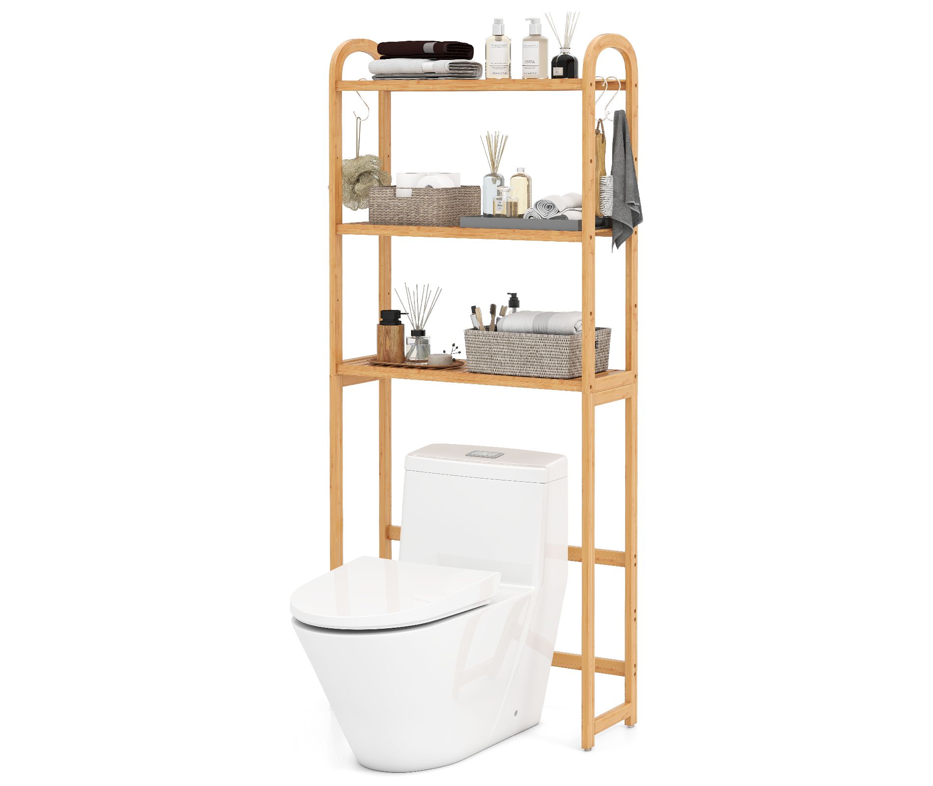 Tangkula Bamboo over the Toilet Storage Shelf w/3-tier Open Shelf Adjustable Shelves