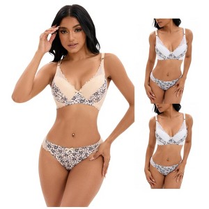 INSPIRE CHIC 3 Sets Women's Floral Mesh Push-Up Underwire Lace Bra and Underwear Lingerie Set - 1 of 3