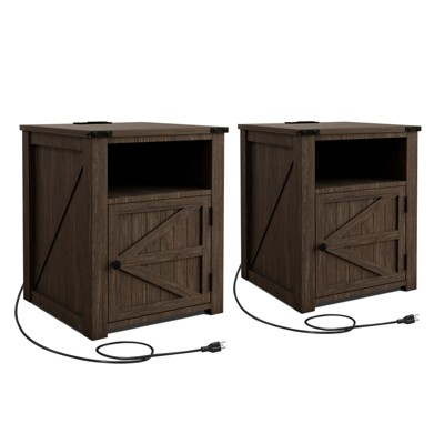 MUUEGM 24" Farmhouse End Table| Nightstand Bedside Table with Charging Station and Door &Storage Shelf