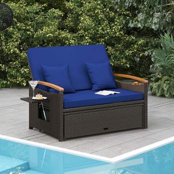 Costway Patio Rattan Daybed Set with Cushioned Loveseat & Storage Ottoman for Porch Beige/Navy/Red