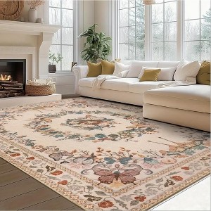 Large Beige Butterfly Floral Area Rug, Ultra-Thin Non-Slip Washable Mat for Living Room & Bedroom - 1 of 4