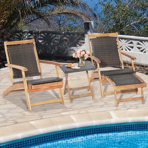 Costway 4PCS Patio Rattan Folding Lounge Chair Table Acacia Wood withRetractable Footrest - 1 of 4