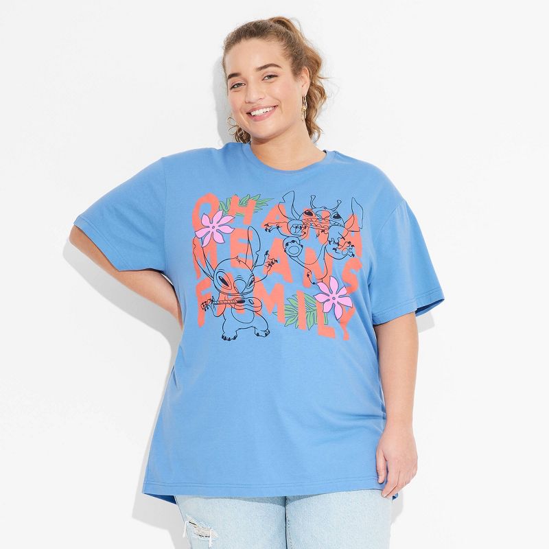 Women's Stitch Ohana Means Family Oversized Short Sleeve Graphic T-Shirt - Blue, 1 of 4