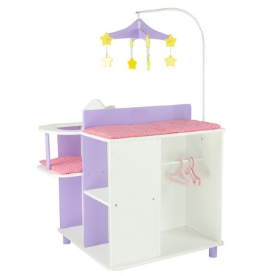 White and Purple Wooden Baby Doll Changing Station with Storage