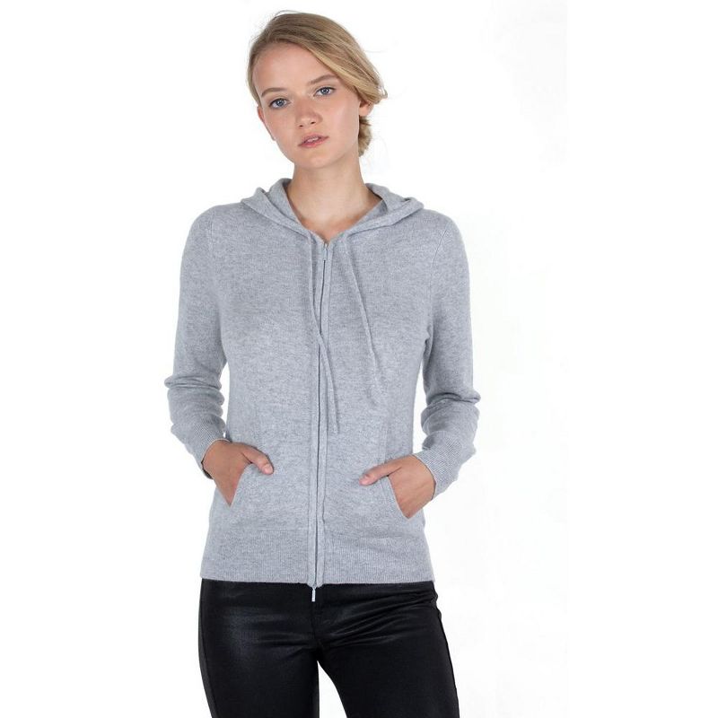 JENNIE LIU Women's 100% Pure Cashmere Long Sleeve Zip Hoodie Cardigan Sweater, 1 of 7
