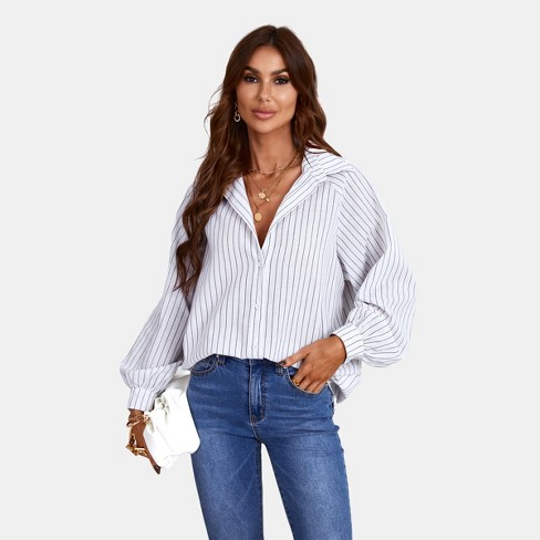 Light Blue & White Pin Stripe Off Shoulder Top Large