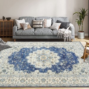 Vintage Neutral Floral Boho Rug | Washable Accent | Non-Slip for Farmhouse Living & Bedroom - 1 of 4