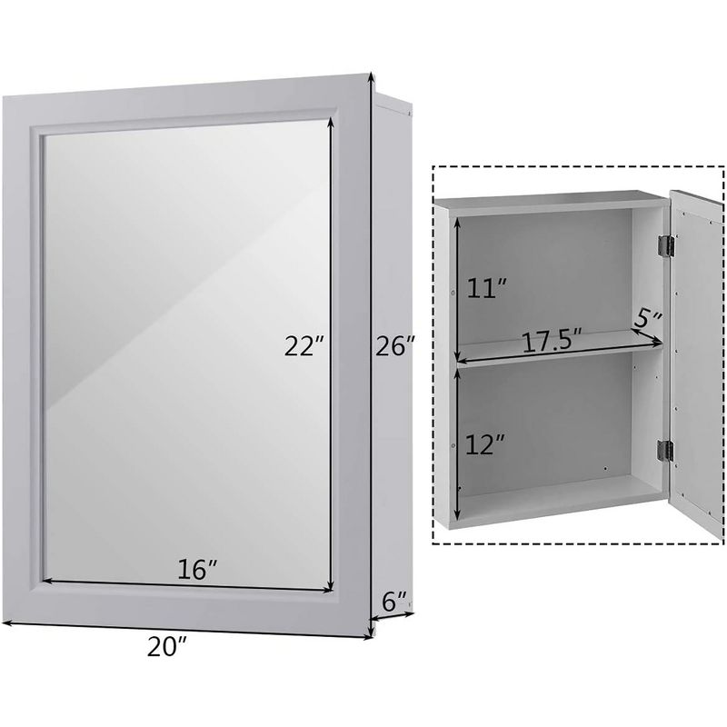 Costway Mirrored Medicine Cabinet Wall-Mounted Bathroom Storage Organizer W/Shelf Grey, 2 of 11