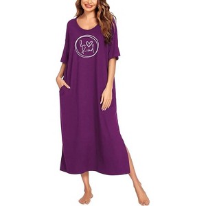 Ekouaer Long Nightgown for Women Short Sleeve Sleepwear Plus Size Loungewear with Pockets - 1 of 4