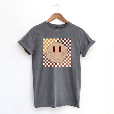 Simply Sage Market Women's Fall Checkered Smiley Short Sleeve Garment Dyed Tee