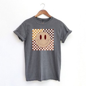 Simply Sage Market Women's Fall Checkered Smiley Short Sleeve Garment Dyed Tee - 1 of 2