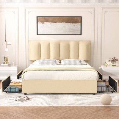 VECELO Upholstered Bed Frame with 4 Storage Drawers and Adjustable Velvet Headboard