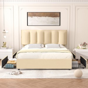 VECELO Upholstered Bed Frame with 4 Storage Drawers and Adjustable Velvet Headboard - 1 of 4