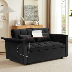 PAGED 55.5"3-In-1 Foldable Couch Bed,Velvet Double Sofa with Adjustable Back,Storage Bag and Pillow,Sofa with USB Port for Living Room - 1 of 4