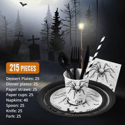 9-inch Black and White Halloween Spider Skeleton Disposable Tableware Set