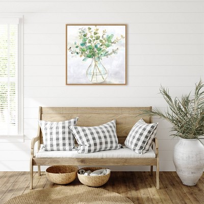 Eucalyptus Vase II Green and Brown Canvas Wall Art with Maple Frame