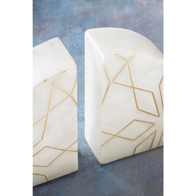 White and Gold Geometric Marble Stone Bookends, Set of 2