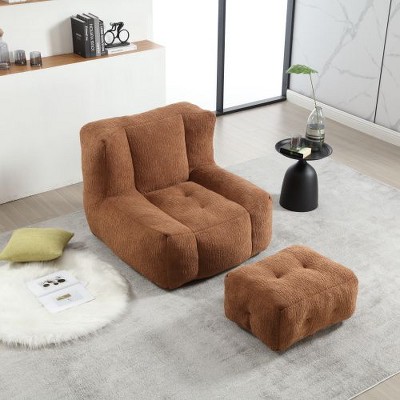 CAVINAS Fluffy Bean Bag Chair, Lazy Sofa Chair with Memory Foam and Ottoman, for Living Room, Bedroom, Apartment, Brown