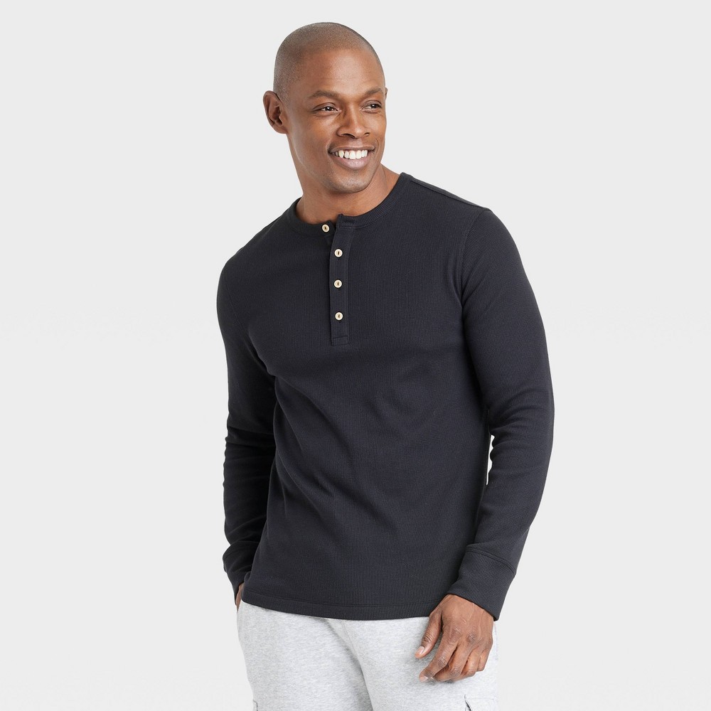 Men's Long Sleeve Textured Henley Shirt - Goodfellow & Co Black S