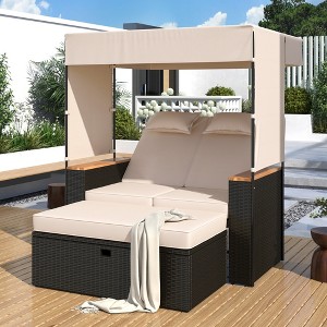 Whisen Outdoor Rattan Daybed, Patio Loveseat Sofa with Bench Lounge and Cushions - Beige - 1 of 4