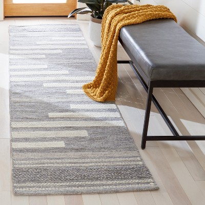 Gray and Silver Striped Wool Cotton Flat Woven Runner Rug