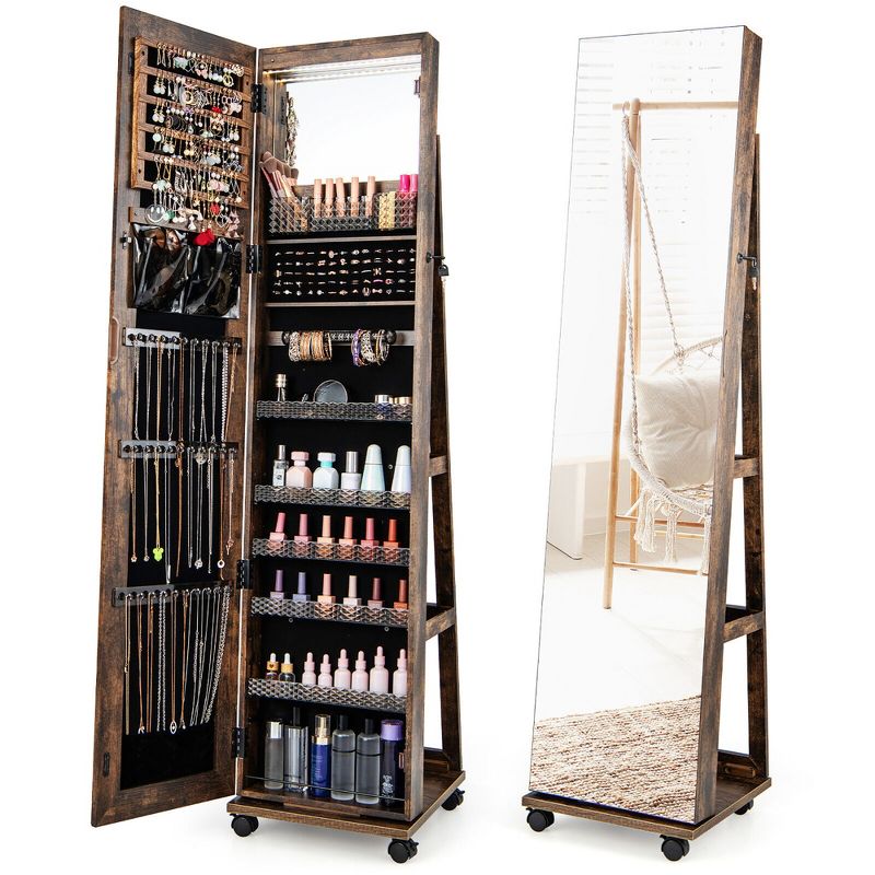 Tangkula 64" Jewelry Organizer Lockable Jewelry Cabinet Armoire w/ Mirror & LED Lights, 1 of 11
