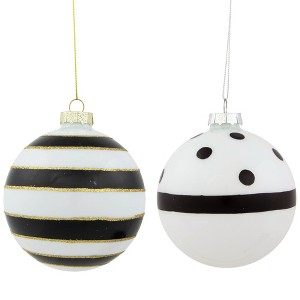 Northlight Striped and Dotted Christmas Glass Ball Ornaments - 4" - White and Black - Set of 2 - 1 of 4