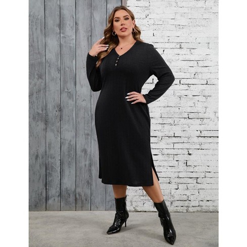 Womens Knit Sweater Dress Plus Size V Neck Slim Fit Casual Dress Slit Hem Midi Dress Long Sleeve Fall Dress - image 1 of 4