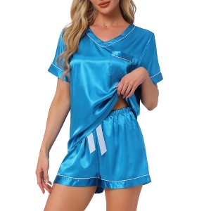 INSPIRE CHIC Womens Lounge Set Satin V Neck Elastic Waist Contrast Color Short Sleeve Shorts Set Pajama Set - 1 of 4