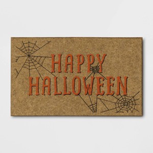 1'6"x2'6" 'Happy Halloween' Faux Coir Doormat with Spiderwebs Orange/Black - Hyde and EEK! Boutique™: Outdoor - 1 of 4