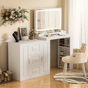 Whisen Makeup Vanity Desk with Mirror and 3-Color Lights, Dressing Table with 3 Drawers and 2 Cabinets - White - 1 of 4