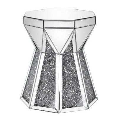 Multiple Faceted Mirrored End Table with Faux Diamonds Silver - Benzara