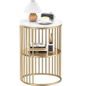 SUGIFT 2 Tier Round Side Table, Marble End Tables Coffee Table Simplistic Sofa Table Waterproof Removable Tray Table - 1 of 4