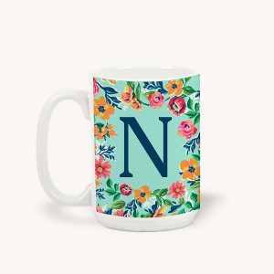 Personalization Mall Flowery Initial Coffee Mug, 15 Oz., Blue Aqua - 1 of 1