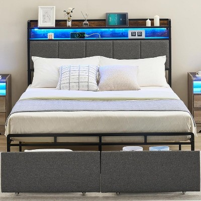 Storage Bed Frame with 2 Drawers | LED Lights & USB Charging | Linen Upholstered Headboard | No Box Spring Needed | Industrial Metal Frame