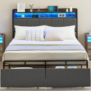 Storage Bed Frame with 2 Drawers | LED Lights & USB Charging | Linen Upholstered Headboard | No Box Spring Needed | Industrial Metal Frame - 1 of 4