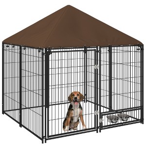 Gulches Outside Dog Kennel, 4.6' x 4.6' x 5' Puppy Play Pen with Canopy, Garden Playpen Fence Crate Enclosure Cage Rotating Bowl, Black - 1 of 4