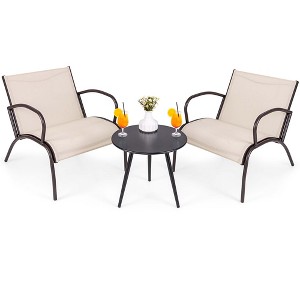 Tangkula 3 Piece Patio Chair Set w/ Curved Fabric Seat Round Coffee Table for Backyard - 1 of 4