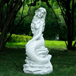 SEVOBAL 20" H Mermaid Ocean Rock Garden Statue Outdoor Sculpture Large Patio Decor Lawn Pool Home Ornament Nautical Fairy Tale, White, 11"*9"*20" - 1 of 4