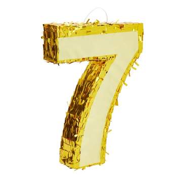 Blue Panda Gold Foil Number 7 Pinata for 7th Birthday Party Supplies, Anniversary Celebration (Small, 16.5 x 11 x 3 In)