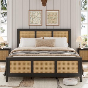 Bed Frame with Headboard, Bohemian Rattan Platform Bed Frame with Strong Metal Slats Support, No Box Spring Needed, Noise-Free Design - 1 of 4